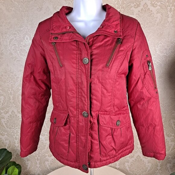 Hampsheer Size Medium Red Puffy Jacket Full Zip Detacheable Fur Collar EUC - Picture 8 of 16